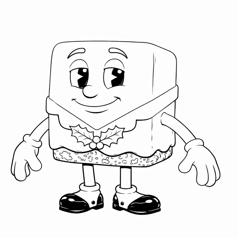 Coloring-page line drawing of Regent Icingworth, a square iced cake character with a lace-trimmed collar, a calm smile and polished shoes.