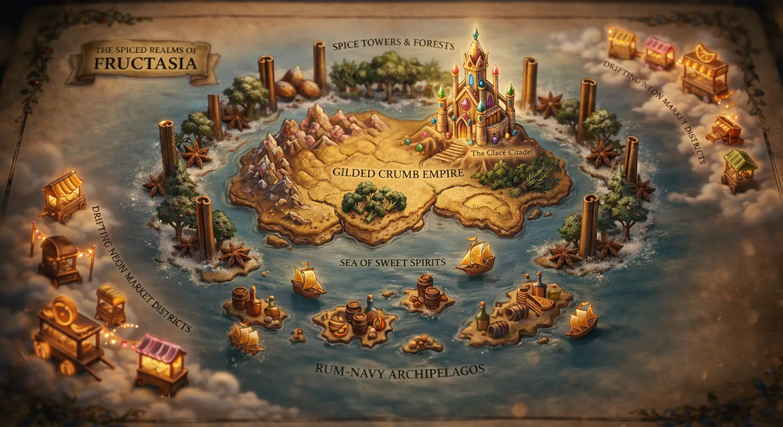 A parchment map titled "The Spiced Realms of Fructasia": a golden island labeled Gilded Crumb Empire with The Glacé Citadel, ringed by cinnamon-stick towers and star-anise trees labeled Spice Towers & Forests, a Sea of Sweet Spirits with sailing ships, barrel-laden Rum-Navy Archipelagos, and lantern-lit market carts labeled Drifting Neon Market Districts.