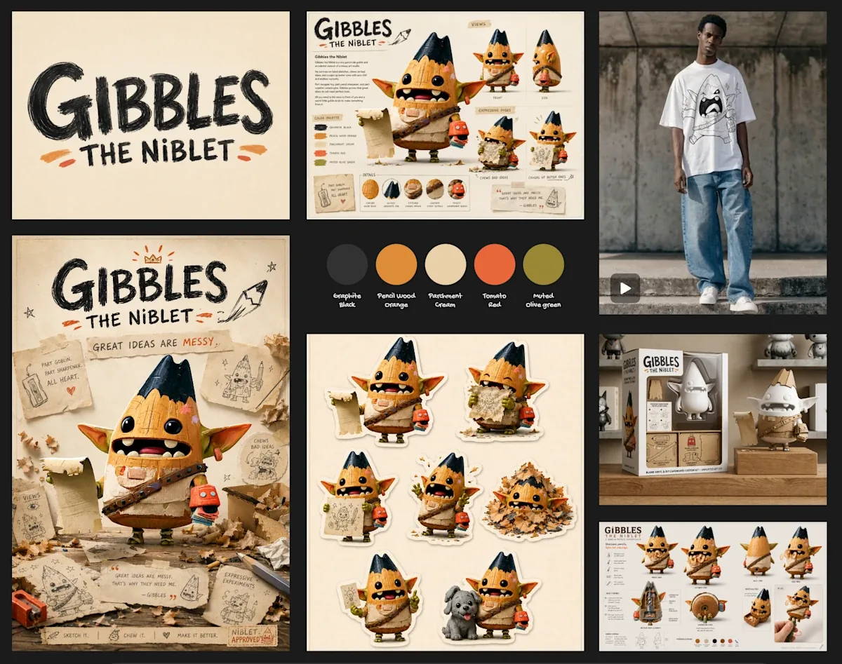 Gibbles the Niblet submission board: a hand-lettered logo, a character sheet with views and expressive poses, a "Great ideas are messy." poster, a sticker set with his eraser-puppy sidekick Scrub, a tee mockup, the boxed designer toy and a pencil-sharpener product sheet.