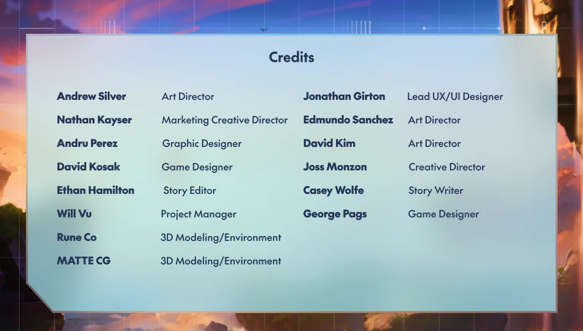 Project Kyzen in-game credits panel over a sunset sky-island backdrop, listing fourteen team members and their roles.