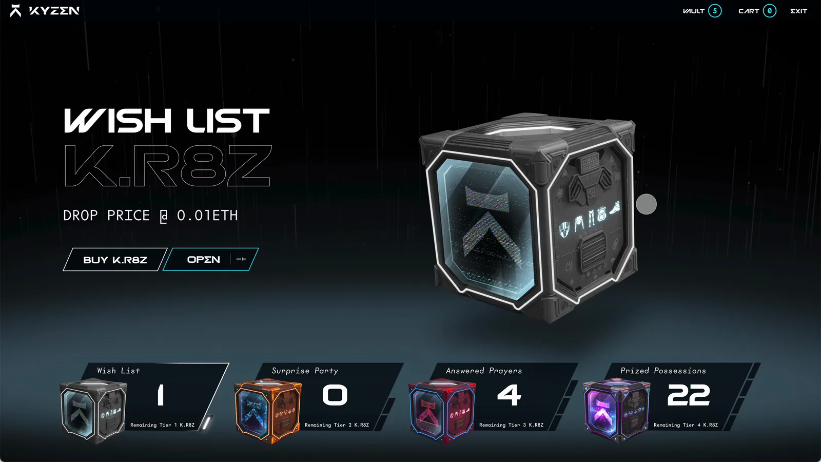Wish List K.R8Z selected: a dark steel crate with cyan edges over a grid floor, drop price 0.01 ETH, Buy and Open buttons.