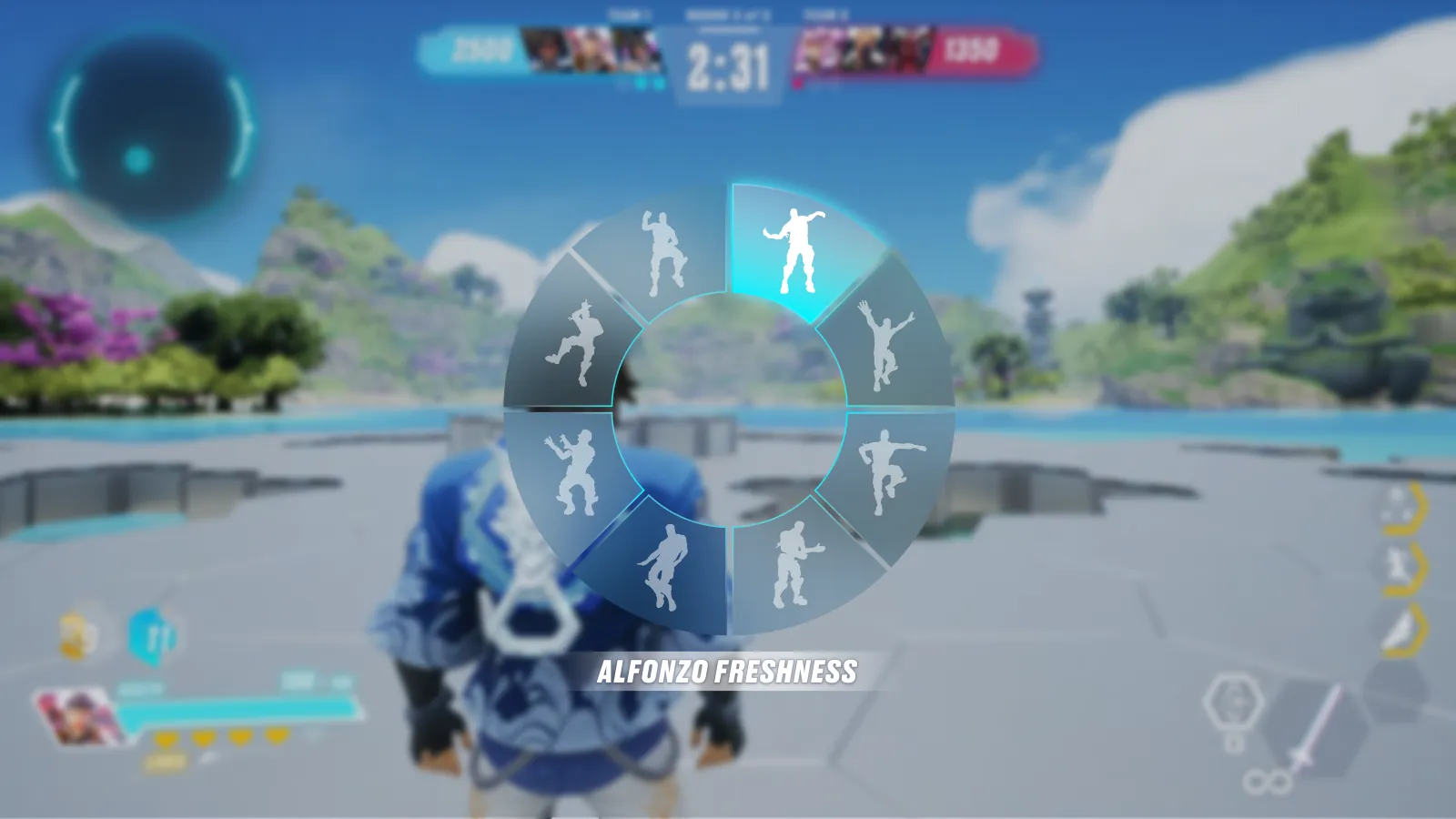 Radial emote wheel with eight dancing-figure slots over a blurred match; the selected slot glows cyan and its name, Alfonzo Freshness, appears below.
