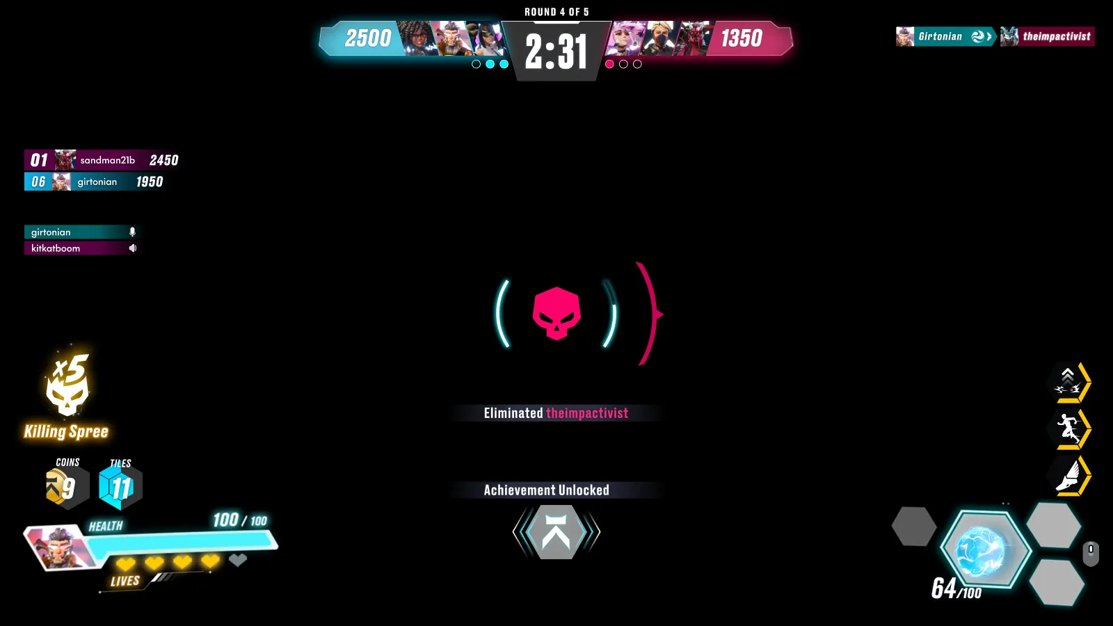 The free-for-all HUD layer on black: Round 4 of 5, rank card, Killing Spree x5 badge, health bar with five heart lives, ability hexes and ammo.