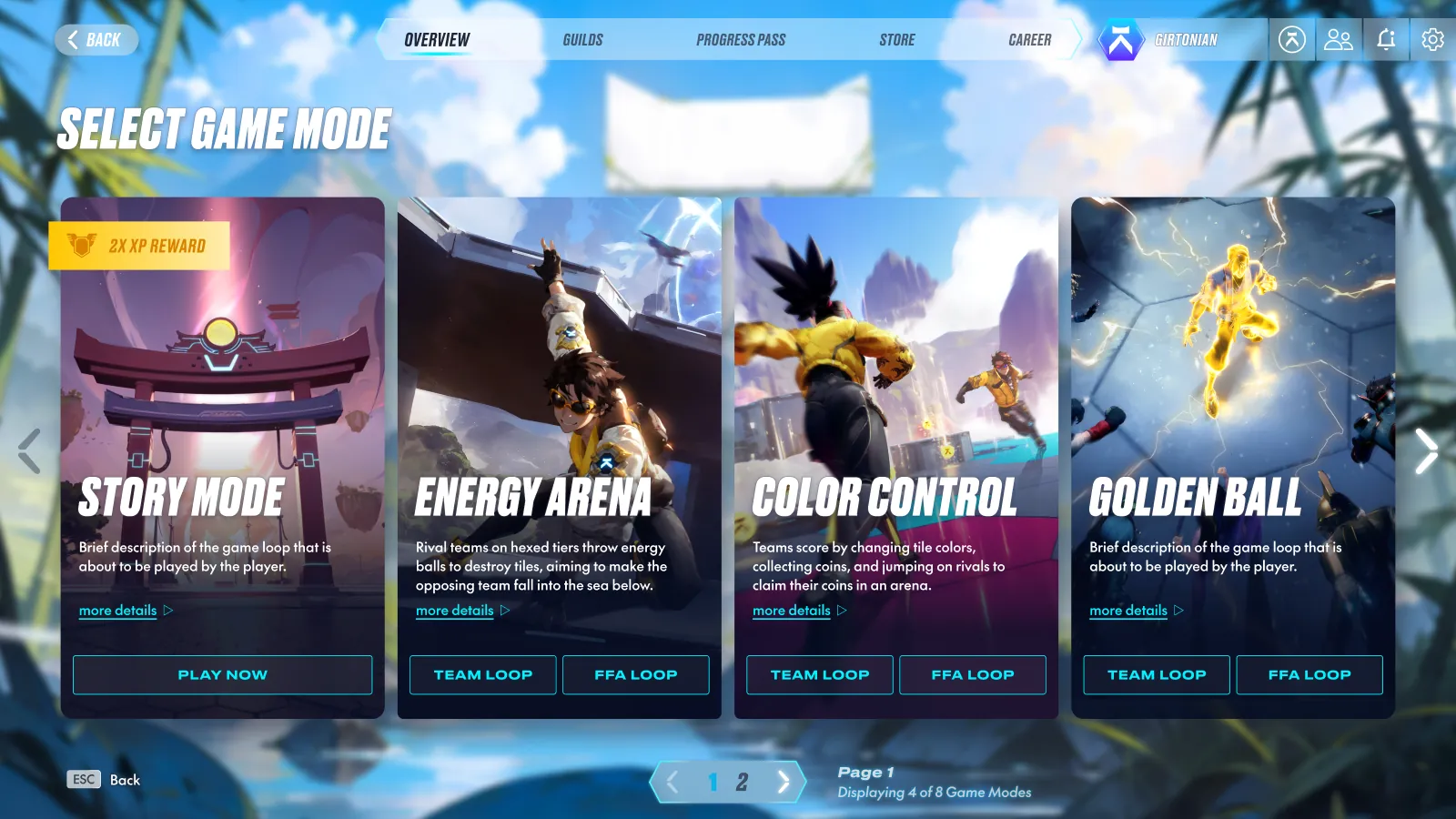 Mini-Battle Arenas Select Game Mode screen with four mode cards.