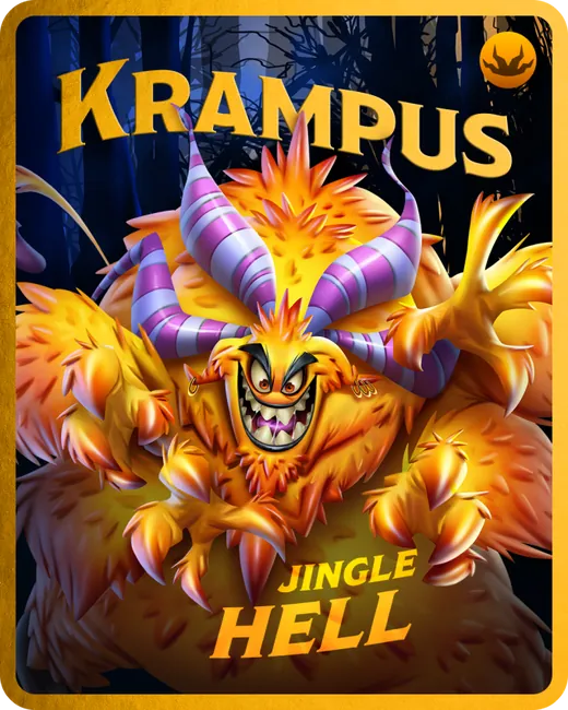 Krampus character card: a horned, furry orange monster with claws, titled Krampus, Jingle Hell.