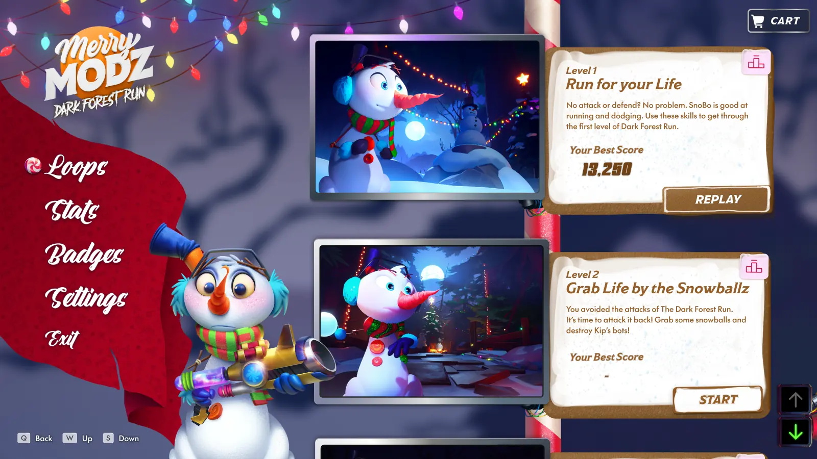 Dark Forest Run menu: a red banner of Loops, Stats, Badges, Settings and Exit beside SnoBo with a blaster, and loop cards for Level 1, Run for your Life (best score 13,250, Replay) and Level 2, Grab Life by the Snowballz (Start).