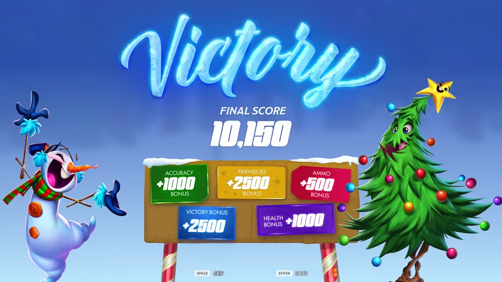 Dark Forest Run victory screen: a script Victory title, a final score of 10,150 and bonus tiles for accuracy, friendlies, ammo, victory and health, with SnoBo and a Christmas-tree character celebrating.