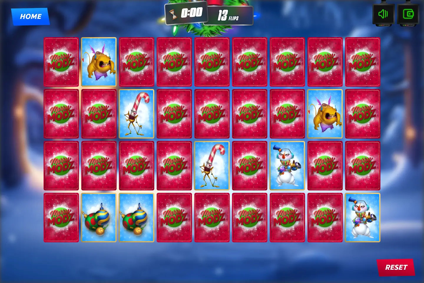 A Medium 4 x 9 board mid-game: red Merry Modz card backs with matched pairs face up (a yellow monster, a candy-cane creature, a snowman with a blaster and a pair of ornaments), a 0:00 timer and 13 flips at the top, Home and Reset buttons, and sound and wallet icons.