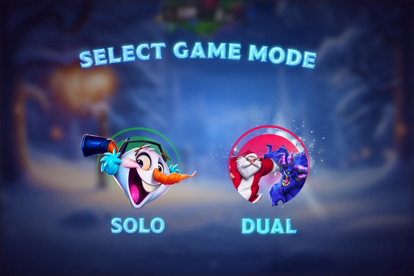 Merry Memory Modz Select Game Mode screen over a blurred snowy village: Solo, with a cheering SnoBo the snowman, and Dual, with Santa and Krampus face to face.