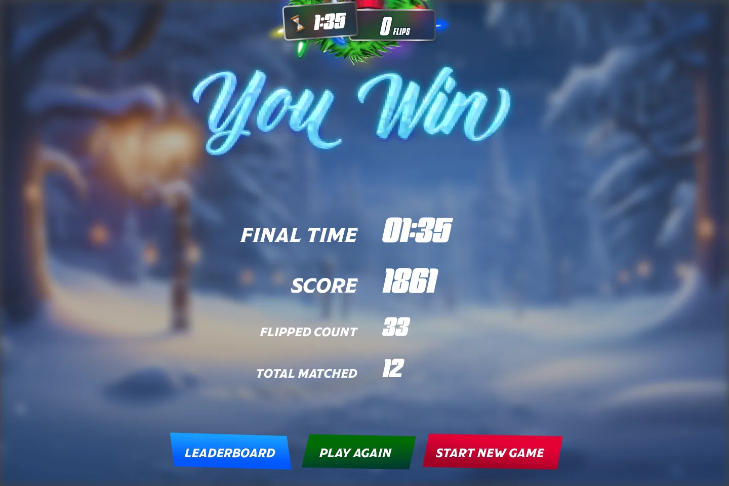 You Win results screen: a script You Win title over the snowy village, Final Time 01:35, Score 1861, Flipped Count 33 and Total Matched 12, with Leaderboard, Play Again and Start New Game buttons.
