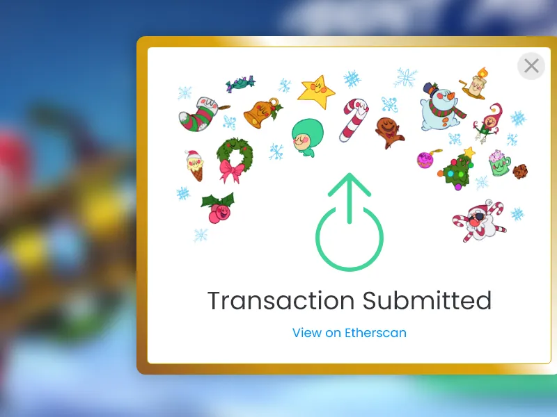 Transaction Submitted modal: an upload-arrow icon under a scatter of Merry Modz holiday characters, with a View on Etherscan link.