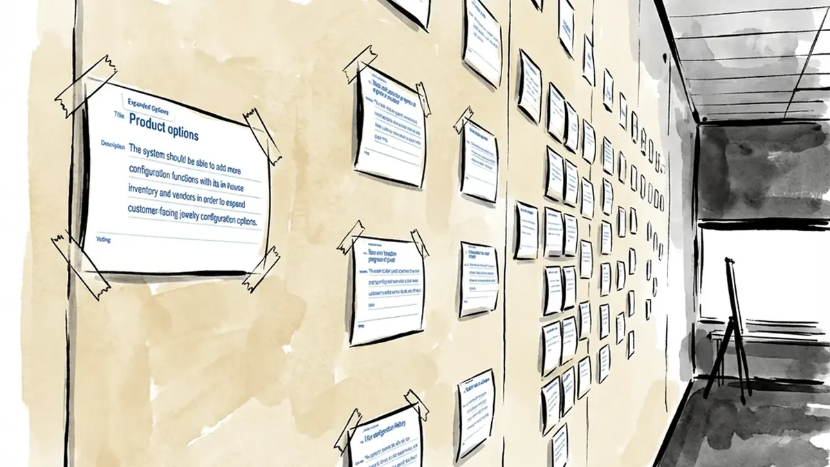Ink-and-wash illustration of a long wall covered in taped-up epic cards; the nearest, titled Product options, describes adding configuration functions with in-house inventory and vendors to expand customer-facing jewelry configuration options.