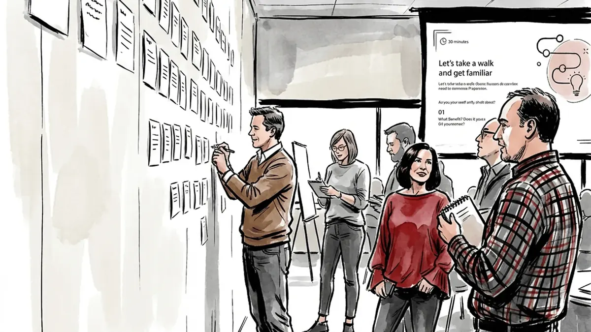 Ink-and-wash illustration of a group walking a wall of cards: one man writes on a card, others hold notepads, and a slide on the screen reads “Let's take a walk and get familiar.”