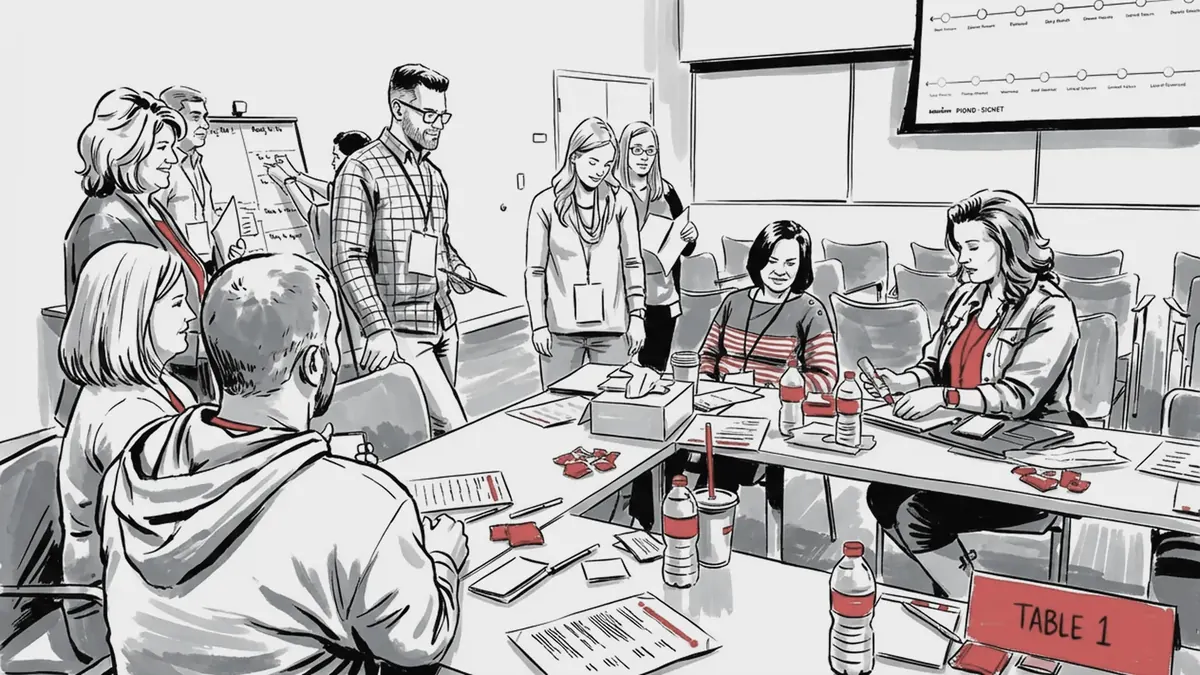 Ink illustration of a workshop room: people seated and standing around tables covered in cards and handouts, with a Table 1 sign in the foreground and a timeline on the wall behind.