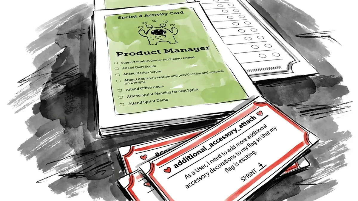 Ink-and-wash illustration of a green Sprint 4 Activity Card for the Product Manager role, listing rituals such as daily scrum, design scrum, approvals, office hours, sprint planning and the sprint demo, on top of red user-story cards, one asking for more accessory decorations on a flag.