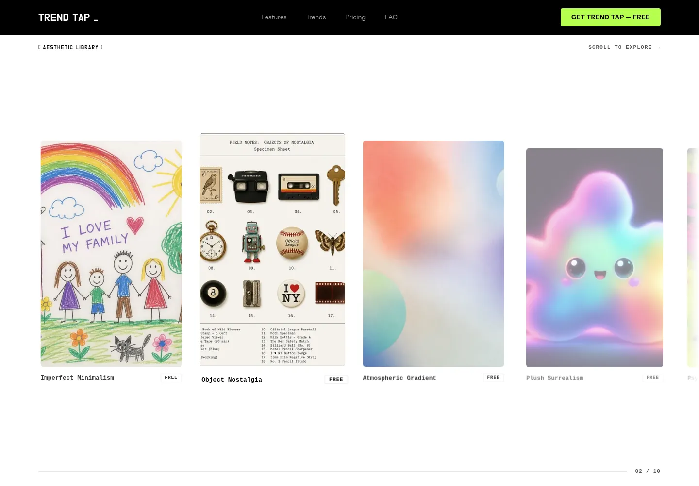 Trend Tap Aesthetic Library: example cards for Imperfect Minimalism (a crayon family drawing), Object Nostalgia (a specimen sheet of vintage objects), Atmospheric Gradient and Plush Surrealism, each tagged Free.